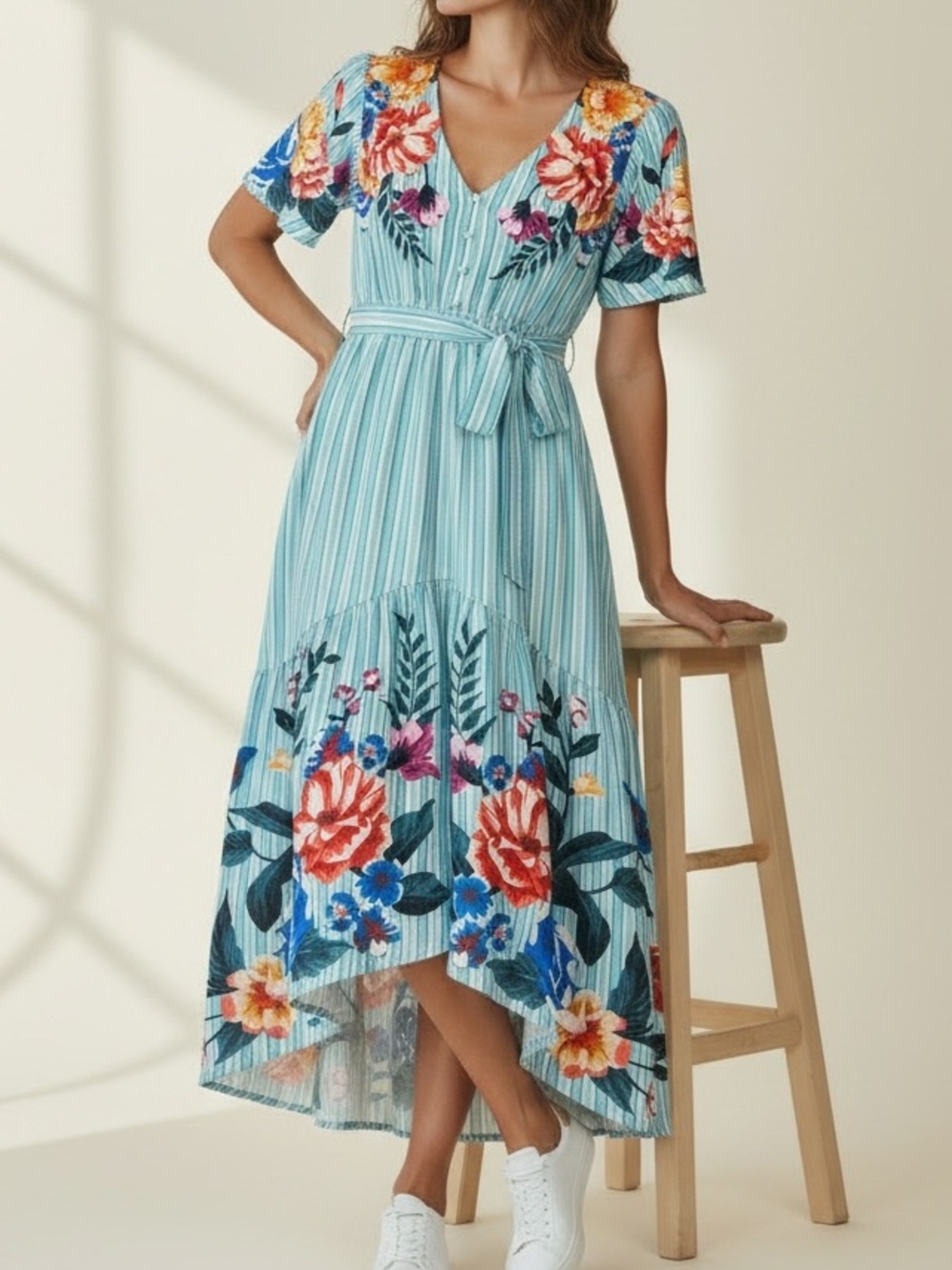 Flying Tomato Floral Striped Maxi Size Small Ruffle Hi Low Boho‎ Cottagecore